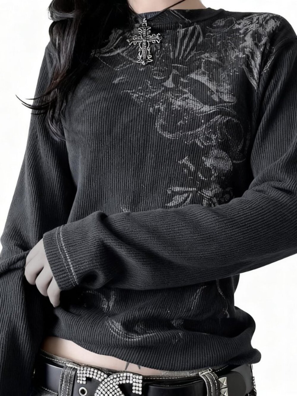 Womens Y2K Gothic Graphic Ribbed Sweatshirts Vintage Punk Long Sleeve Tops